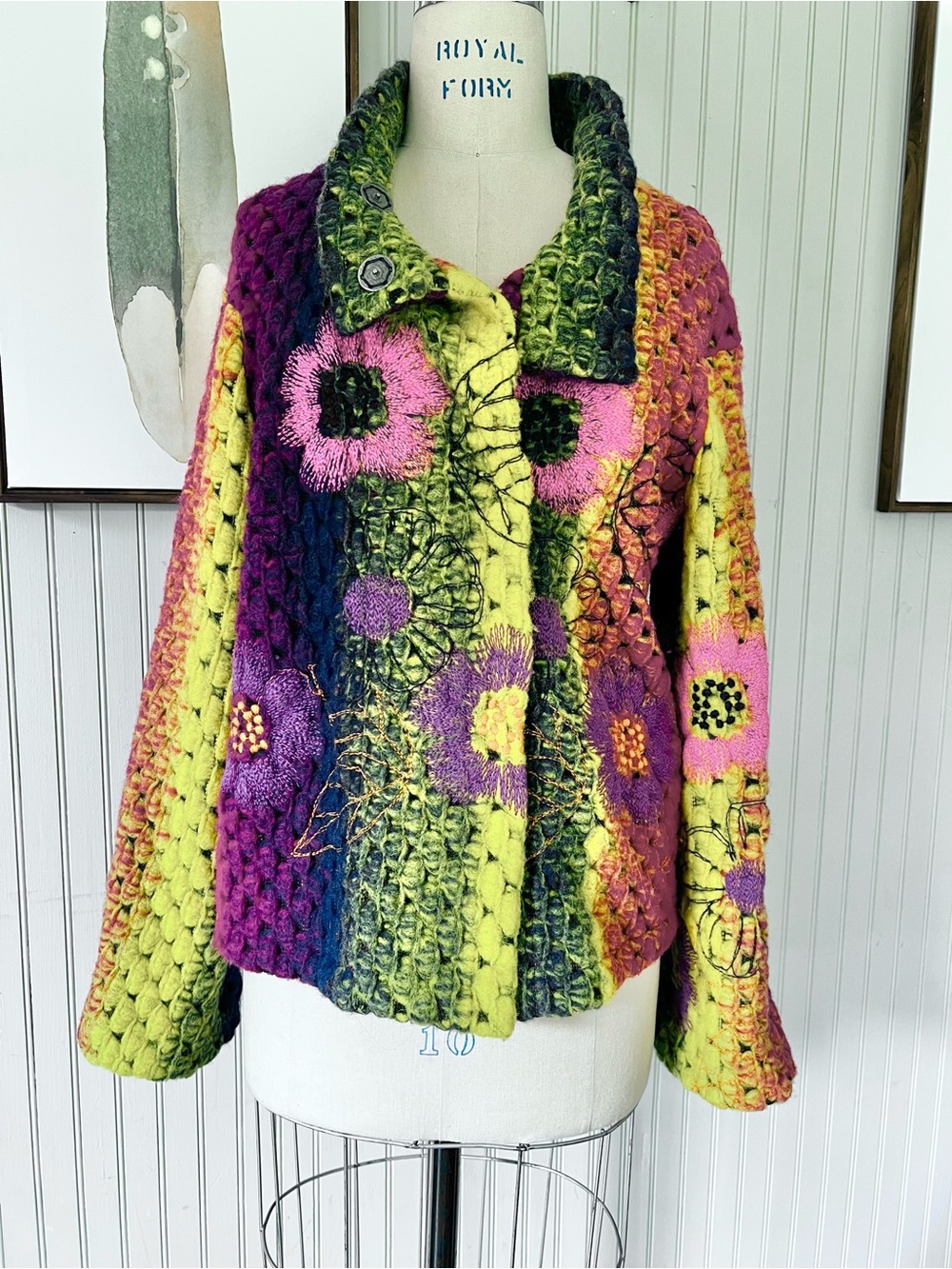 European Wool Vibrant Multi Color Chunky Knit Cardigan Sweater